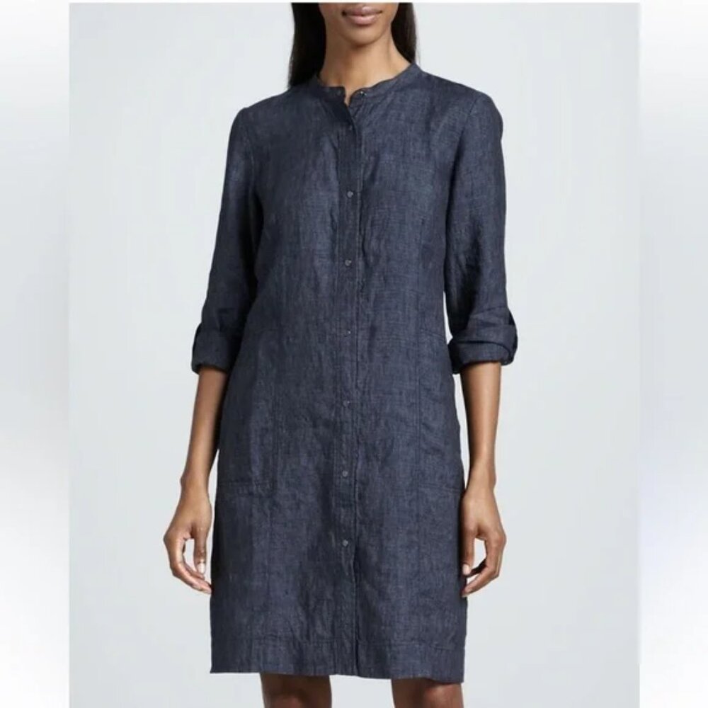 EILEEN FISHER PETITE 100% LINEN SNAP FRONT SHIRT DRESS RELAXED SHIFT CUT sz PS